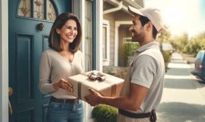 Imagen creada con IA en la que vemos a una mujer de mediana edad recibiendo un paquete de delivery en la puerta de su hogar; esto en referencia a los envíos de regalos por el 10 de mayo en México.