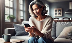 Imagen creada con IA que nos muestra a una mujer mexicana adulta navegando online desde su smartphone.