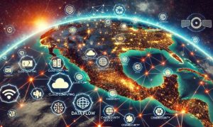 Imagen creada con IA que nos muestra una vista espacial de México, con íconos que aluden a la digitalización del país; esto en referencia a la iniciativa llamada Agencia de Transformación Digital.