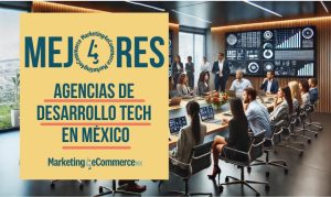 Imagen creada con IA que nos muestra a un equipo de marketing reunido en una sala de juntas, con pantallas y equipos que nos demuestra que es una de las agencias de desarrollo tech en México.