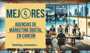 Imagen creada con IA en la que vemos a un equipo de marketing reunido en una sala de juntas con vista hacia el mar; esto en referencia a las mejores agencias de marketing digital en Cancún.