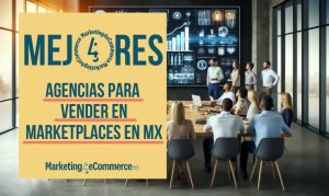 Imagen creada con IA en la que vemos a un equipo de marketing reunido en una sala de juntas; esto en referencia a las mejores agencias para vender en marketplaces en México.