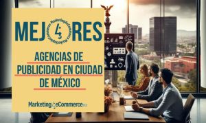 Imagen creada con IA en la que vemos a un equipo de profesionistas en marketing reunidos en una sala de juntas, y al exterior la vista de la CDMX; esto en referencia a las mejores agencias de publicidad en la Ciudad de México.