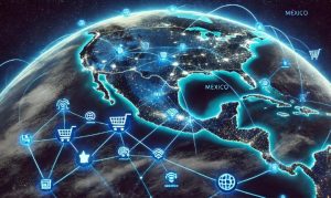 Imagen creada con IA que nos muestra una vista espacial de México, con trazos y líneas azules que van a otros países aludiendo a la exportación digital que ocurre en Alibaba.