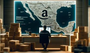 Imagen creada con IA en la que vemos a un vendedor de Amazon sentado frente a un monitor y un mapa de México; en referencia a las acusaciones de la Cofece hacia el marketplace.