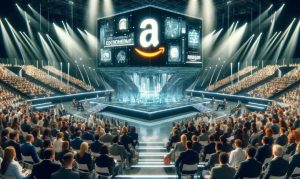 Imagen creada con IA en la que vemos el evento de Amazon Conecta en México, lleno de escenarios futuristas y digitales, así como de empresarios ávidos por saber sobre eCommerce.