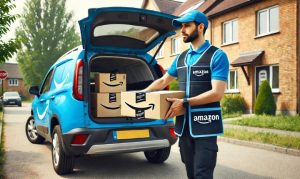 Imagen creada con IA que nos muestra a un repartidor independiente de Amazon Flex en México portando el uniforme del marketplace, y haciendo entregas desde su coche con distintos paquetes.