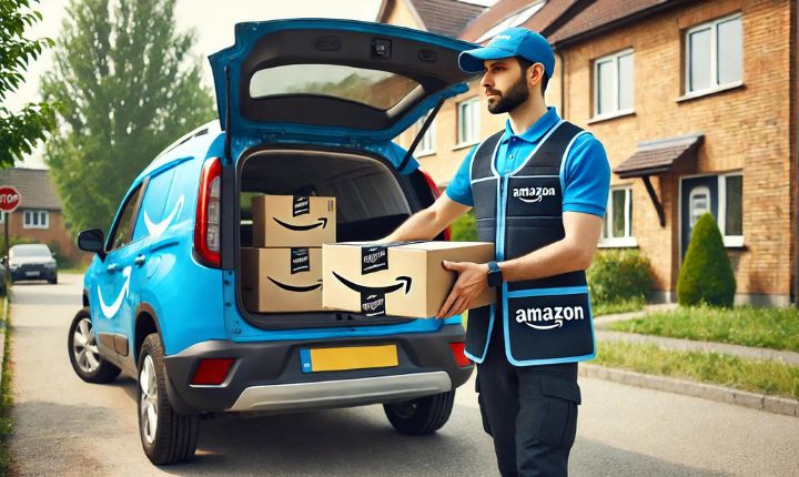 Imagen creada con IA que nos muestra a un repartidor independiente de Amazon Flex en México portando el uniforme del marketplace, y haciendo entregas desde su coche con distintos paquetes.