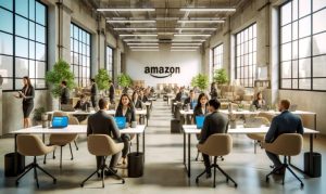 Imagen creada con IA en la que vemos una oficina de Amazon con diferentes candidatos a vacantes de la empresa en CDMX.