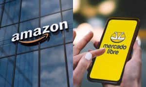 A la izquierda, fachada exterior de un edificio de Amazon; a la derecha, close-up de una mano interactuando con la app de Mercado Libre; esto en referencia al reporte de la Cofece contra ambos marketplaces.