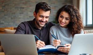 Imagen creada con IA que nos muestra a un hombre y una mujer emprendedores sentados frente a una laptop mientras escuchan los insights del AMVO Forum: Transformación Omnicanal.