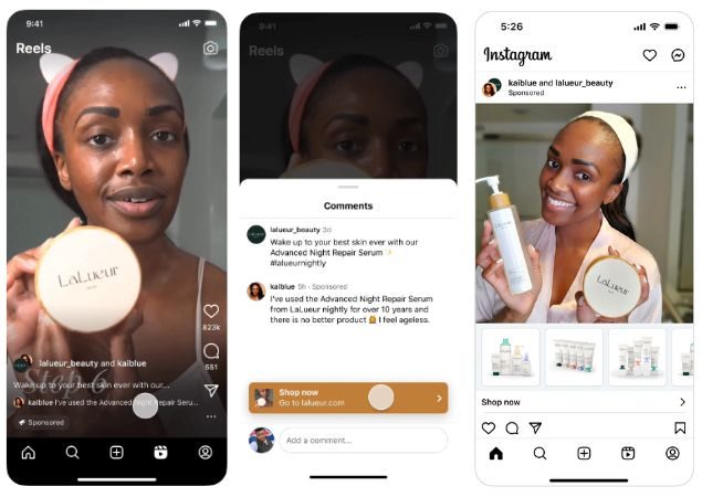 Captura que muestra un anuncio colaborativo de la marca Lalueur Beauty con la creadora de contenido @kaiblue, promocionando sus productos en Instagram