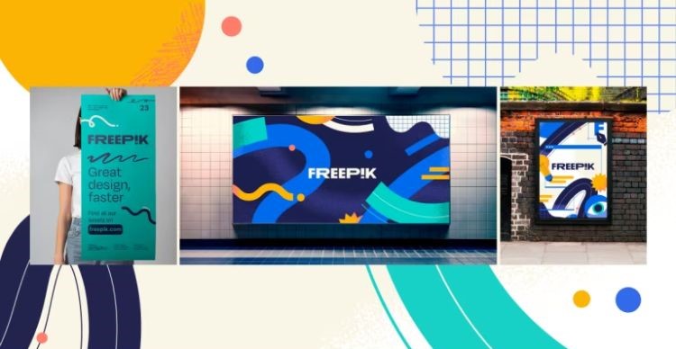 Imagen que muestra ejemplos de aplicación de la nueva ICG, paleta de colores y estilo de Freepik. En cartelería, muppis, etc.