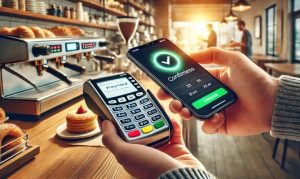 Imagen creada con IA que nos muestra un pago contactless desde Apple Pay con una tarjeta de BBVA.