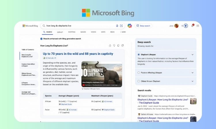 Sobre un fondo degradado azul se muestra una captura de pantalla del buscador de Microsoft Bing en el que se ha introducido la consulta "cuánto viven los elefantes" y, gracias a la búsqueda generativa, se ha creado una muestra de información completa
