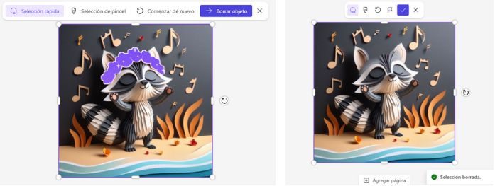 A la izquierda vemos la imagen original en el editor de la herramienta "Borrador generativo". En esta imagen de un mapache con una corona de flores bailando, la corona de flores se ha seleccionado con la opción "selección rápida". En la imagen de la derecha vemos el resultado final: esa misma imagen, pero la corona de flores ha sido borrada