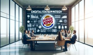 Imagen creada con IA en la que vemos a un equipo de marketing desarrollando una estrategia digital para Burger King en México.