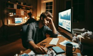 Imagen creada con IA en la que vemos a un chico emprendedor teniendo burnout frente a su computadora, en la que vemos gráficos sobre su emprendimiento.