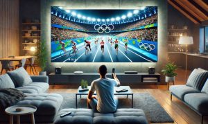 Imagen creada con IA que muestra un hombre en su sala viendo en su pantalla el streaming de las Olimpiadas