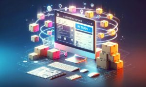 monitor de computadora del que salen cajas y elementos de las compras online devoluciones