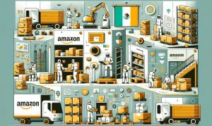 Imagen creada con IA que muestra el funcionamiento de Centros de distribución de Amazon en México