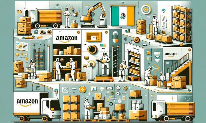 Imagen creada con IA que muestra el funcionamiento de Centros de distribución de Amazon en México