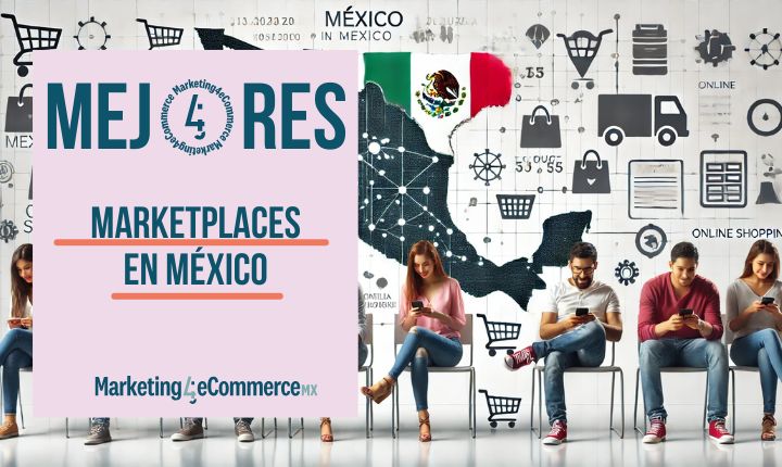 Imagen creada con IA que muestra una representación de un Mapa de México y unos consumidores comprando en marketplaces