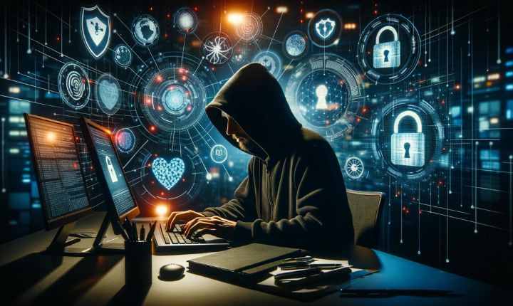cibercriminal con un computador en mano y elementos representativos de la Guía básica de ciberseguridad