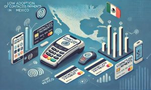 Imagen creada con IA que muestra la adopción de pagos contactless en México con terminales de pago, tarjetas de crédito, elementos representativos del WiFi.