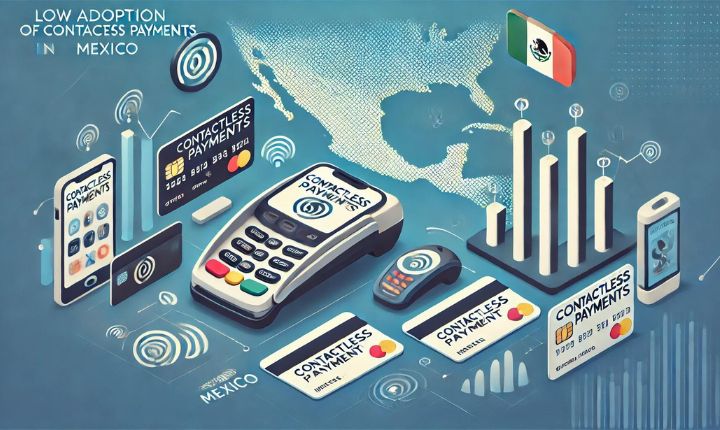 Imagen creada con IA que muestra la adopción de pagos contactless en México con terminales de pago, tarjetas de crédito, elementos representativos del WiFi.