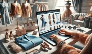 Imagen generada con IA que muestra una persona comprando moda online durante el Hot Fashion 2024, con un taller de moda alrededor