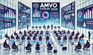 Imagen creada con IA que muestra una representación del AMVO Forum 2024 con una sala de juntas, varias pantallas y ejecutivos