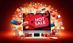 Elementos de venta online alrededor de un monitor de computadora representando el Hot Sale 2024