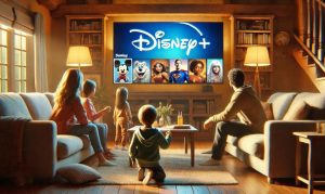 Imagen creada con IA que muestra una familia en la sala de su casa viendo Disney+ mostrando los nuevos planes disponibles en México