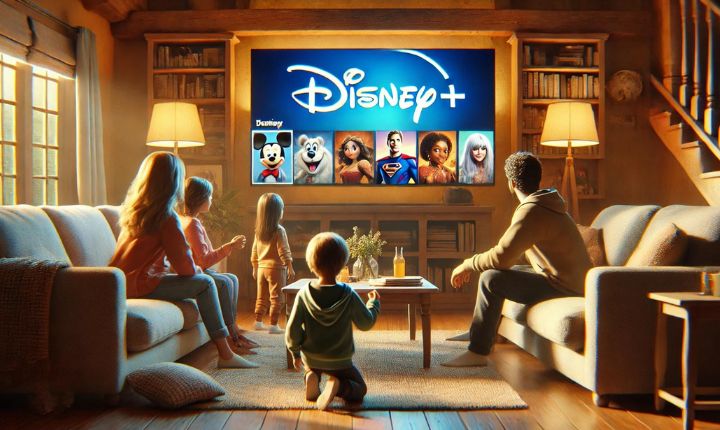Imagen creada con IA que muestra una familia en la sala de su casa viendo Disney+ mostrando los nuevos planes disponibles en México