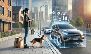 Imagen generada con IA que muestra una escena hiperrealista horizontal que muestra una calle de la ciudad con un auto detenido, un conductor humano dentro, y una mujer de pie al lado del auto, viendo su teléfono móvil del que salen elementos digitales de la compra online de productos para mascotas. En su otra mano sostiene la correa de su perro, que está en la banqueta, representando las ofertas online del Dia del perro