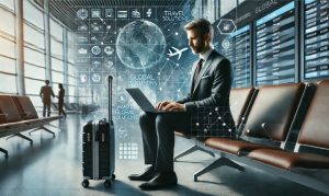 Imagen creada por IA que muestra a un hombre en traje esperando en un aeropuerto con su laptop en mano utilizando una esim