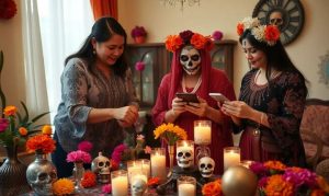Imagen creada con IA que muestra tres mujerse creando su altar de muertos y comprando vía online para esta festividad a través de su teléfono móvil