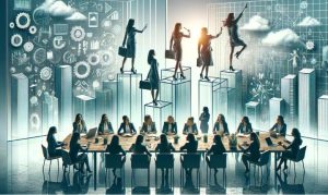 varias mujeres en una oficina con tonos azulados mientras otras ascienden representando la importancia de la mujer en puestos de publicidad y mercadeo