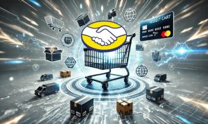 Imagen generada con IA que muestra un carrito de compras del que salen elementos digitales de la venta online de Mercado Libre, que registró un crecimiento en sus ventas