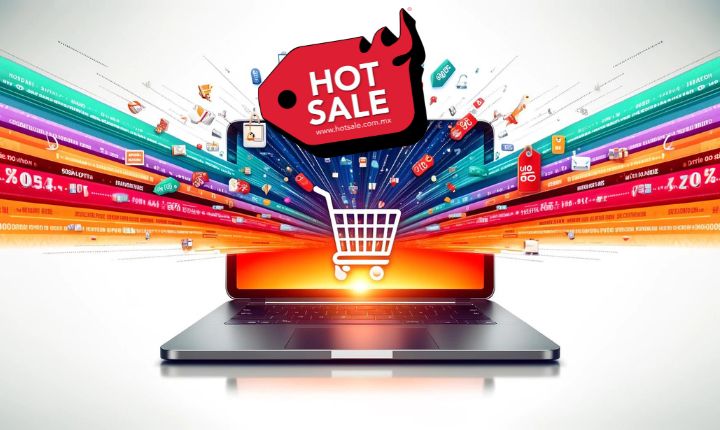 Imagen creada con IA que muestra una laptop de la que salen ofertas y promociones de un carrito de compras, y el logo del hot sale 2024
