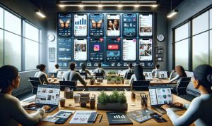 Imagen creada por IA que muestra una oficina de marketing en la que se muestran elementos de la inversión influencer marketing