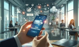 Imagen creada con IA que muestra unas manos de un hombre en traje, que tiene un móvil y del que salen elementos del SMS marketing