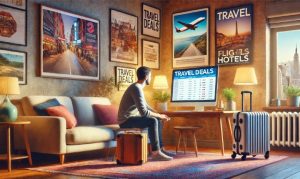 Imagen generada con IA que muestra una persona usando una computadora en una sala acogedora mientras busca promociones de viaje, representando al Hot Travel 2024