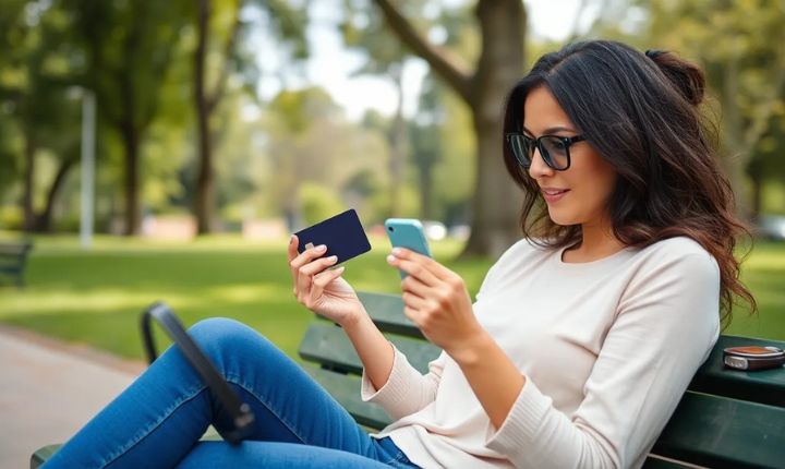 Imagen creada con IA que muestar una mujer en un parque comprando vía online, representando los Gastos de consumidor México