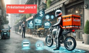 Imagen generada con IA que muestra un epartidor de delivery esperando afuera de un restaurante, y elementos digitales que sugieren inversión en capital, sugiriendo el impulso de los préstamos para ti de Rappi