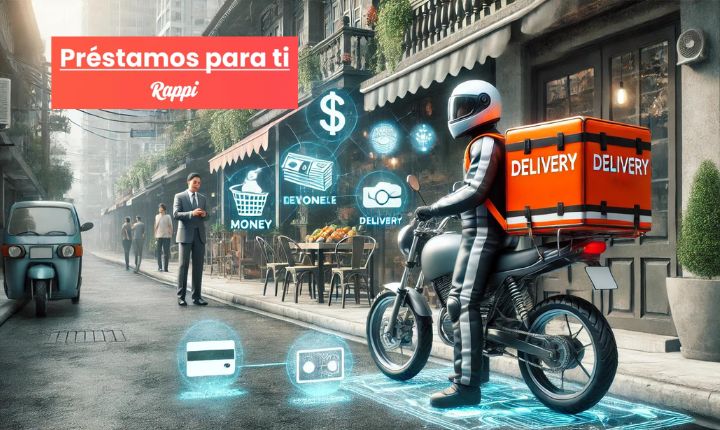Imagen generada con IA que muestra un epartidor de delivery esperando afuera de un restaurante, y elementos digitales que sugieren inversión en capital, sugiriendo el impulso de los préstamos para ti de Rappi