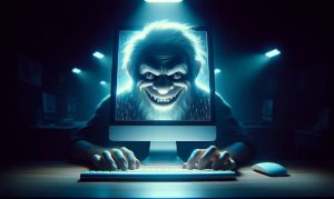 imagen de un troll en redes sociales que traspasa la pantalla del ordenador hacia la vida real en tonos azules con negro