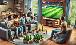 Imagen generada con IA que muestra a unos amigos viendo un partido de futbol con cervezas y uno de ellos ordenando vía online