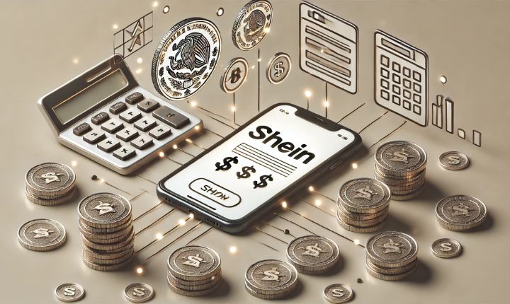 Imagen creada con IA que muestra un celular con la app de Shein en México y elementos de impuestos representando los Taxes included